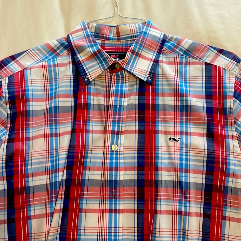 Large vineyard vines button up dress shirt may be worn one time and dry cleaned